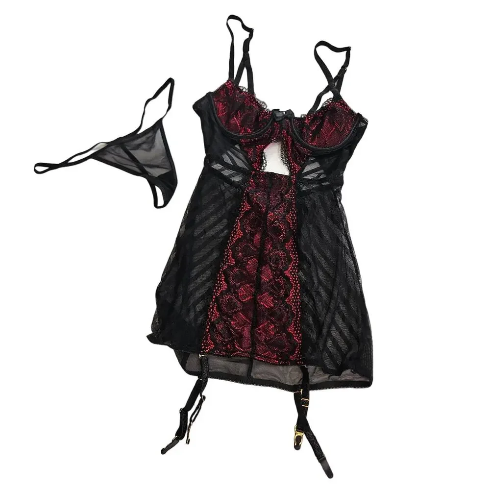 Seven 'til Midnight Starstruck Satin Lace Shadow Stripe Mesh Chemise Women Small